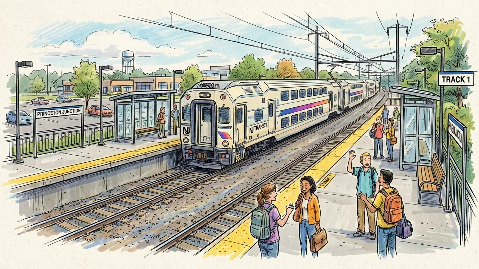 NJ Transit train at suburban station platform with passengers waiting. Alt text: NJ Transit commuter train at Mercer County station platform with waiting passengers. Composition: Wide shot showing station platform, train, and surrounding area to illustrate station area mapping context.
