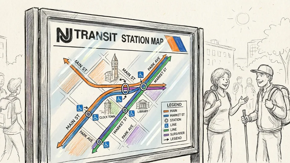 Close-up of transit map display at station showing route information and surrounding area details. Alt text: NJ Transit station area map display showing routes and nearby landmarks for rider navigation. Composition: Detail shot of map information panel emphasizing wayfinding and accessibility features.