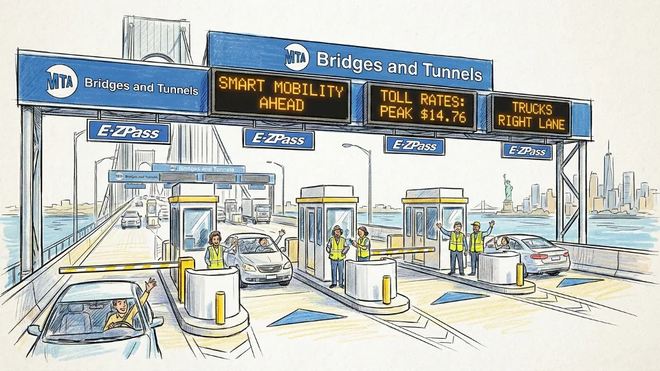 MTA Bridges and Tunnels toll plaza with electronic signage displaying vehicle restriction information