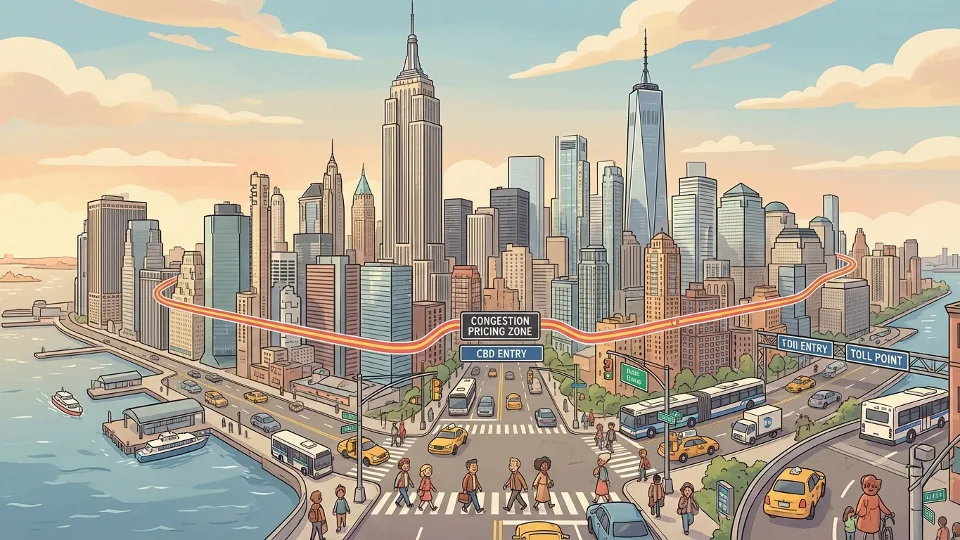 Manhattan skyline with congestion pricing zone boundary and traffic flowing on city streets