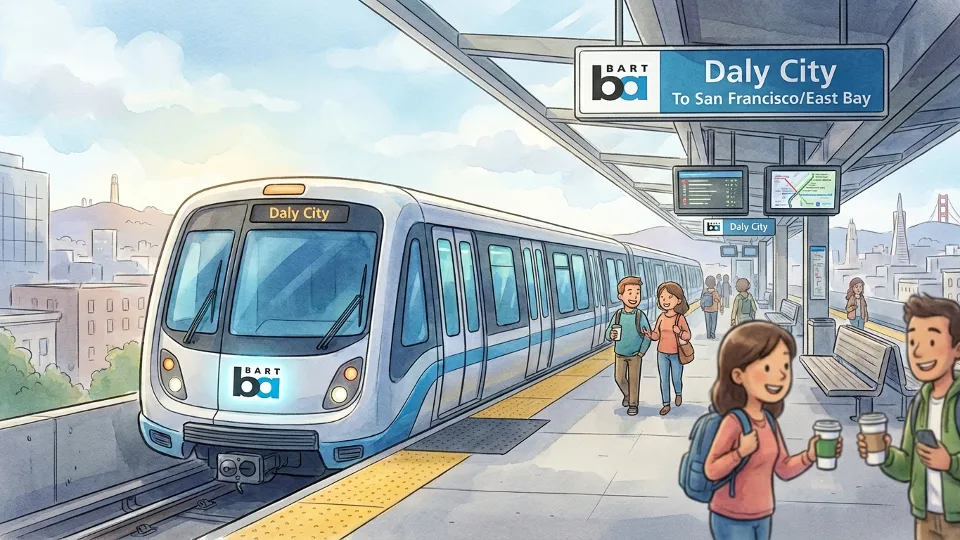 BART train at Daly City Station platform with station signage visible