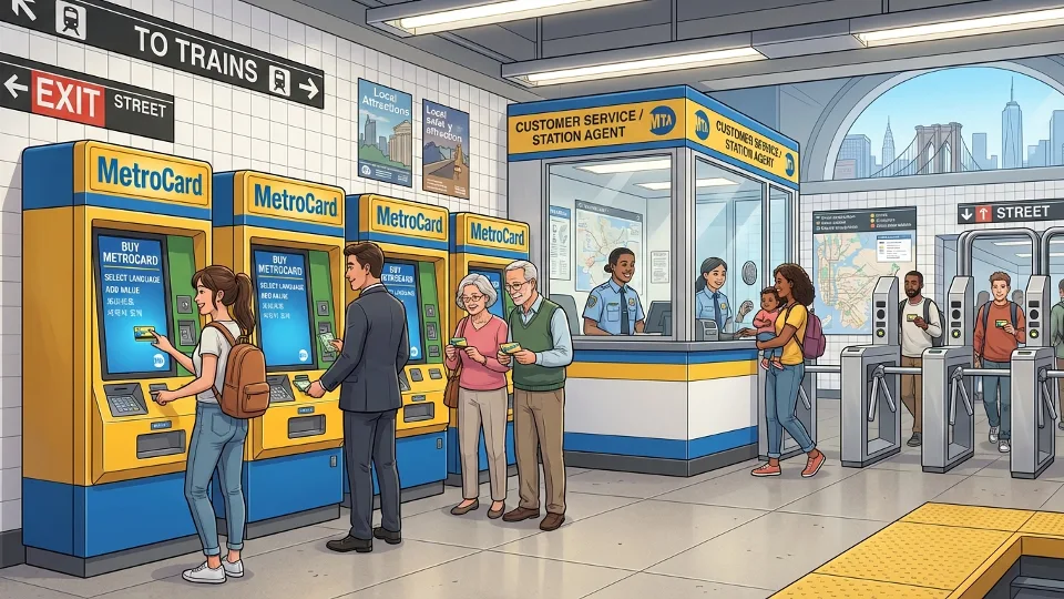 MTA MetroCard vending machines and customer assistance area at busy New York City transit hub