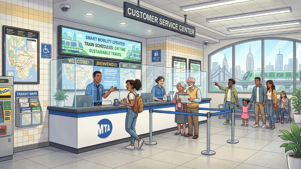 MTA customer service center interior with service counter and informational displays in New York City subway station