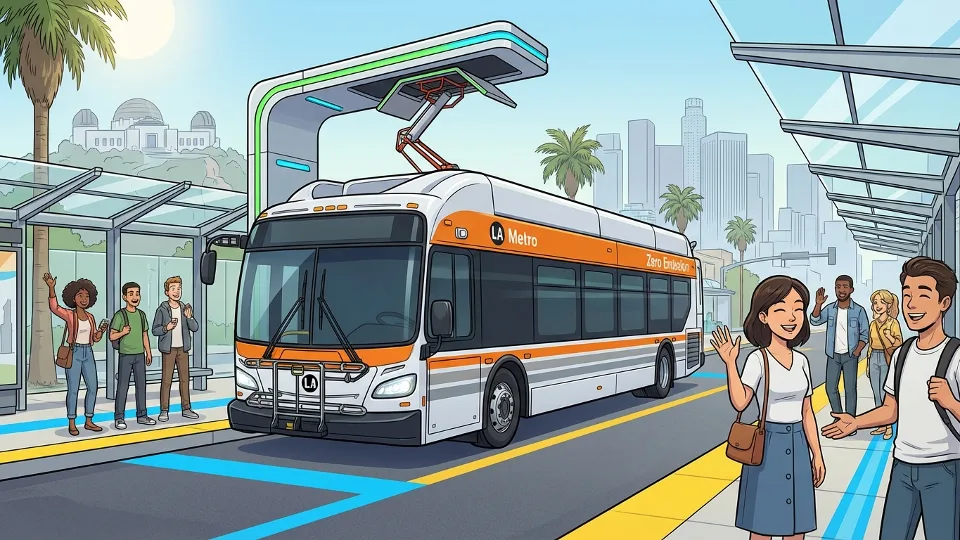 Zero-emission electric bus in LA Metro livery at charging station