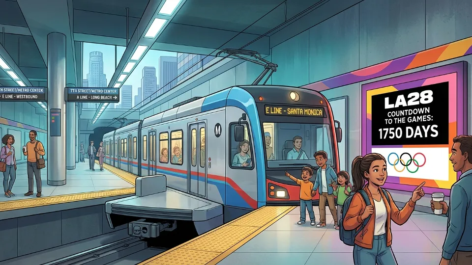 LA Metro train at downtown Los Angeles station with Olympic countdown signage visible