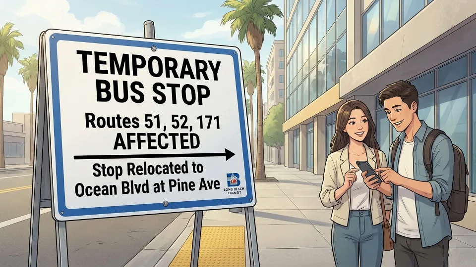 Alternative bus stop location sign with route numbers displayed on Long Beach street. Alt text: Long Beach Transit alternative bus stop temporary route detour signage. Composition: Close-up of temporary stop sign showing affected route numbers and directional information.