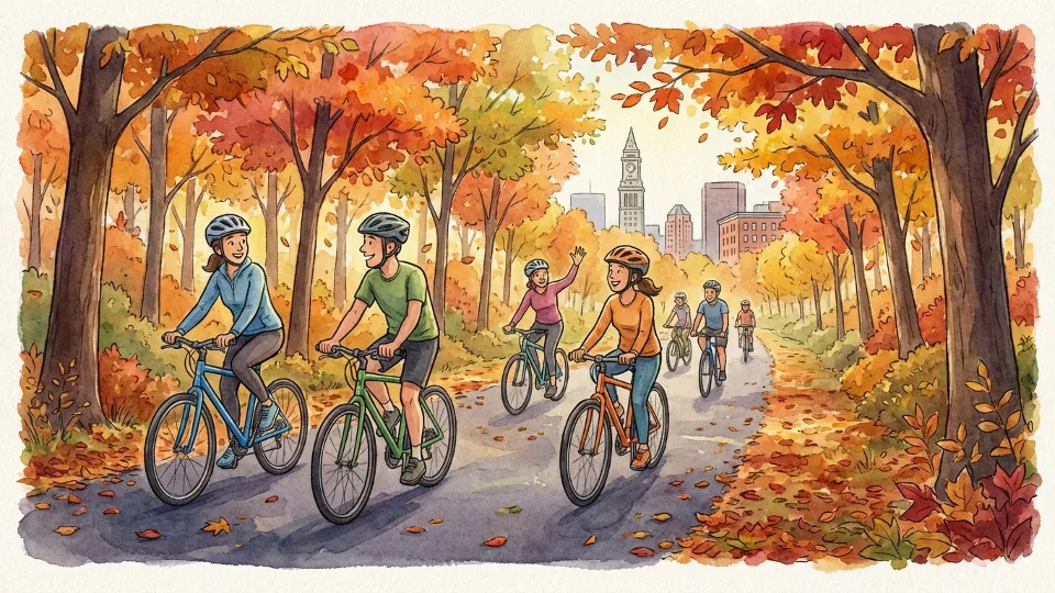 Cyclists riding on paved rail trail through autumn forest with colorful fall leaves
