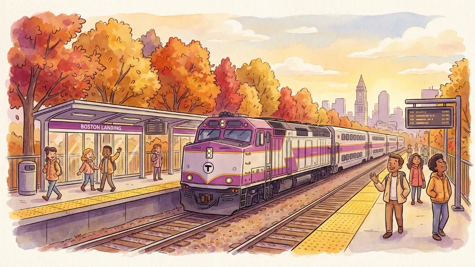 MBTA Commuter Rail train at station platform during autumn with fall foliage visible in background