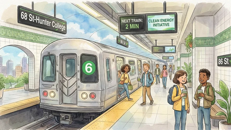 New York City subway platform with 6 train and updated station signage showing college designation