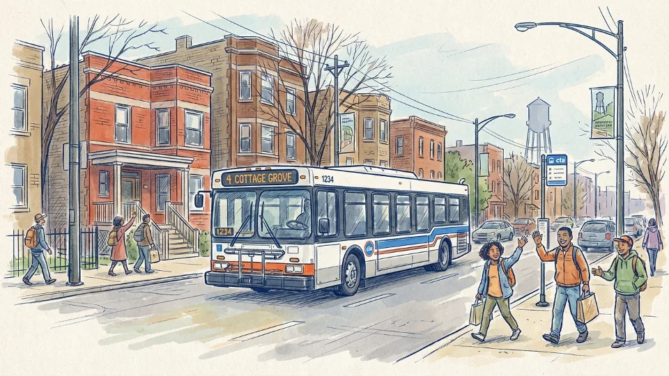 CTA bus on Chicago's South Side street with urban residential buildings in background