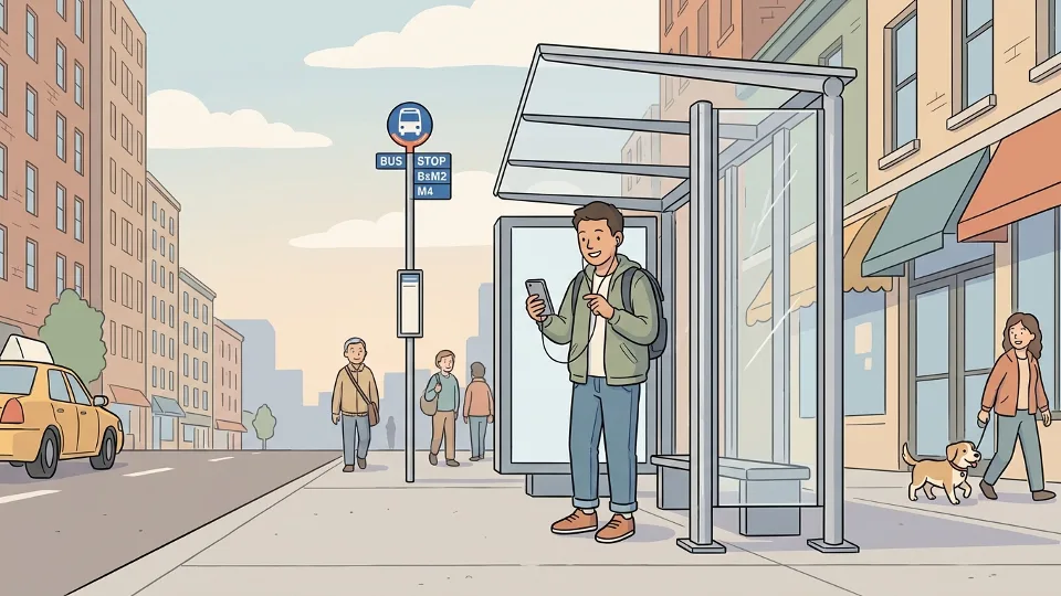Person listening to podcast on smartphone while waiting at bus stop in New York City