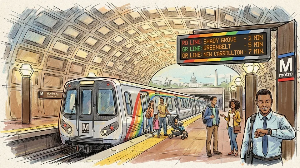 WMATA Metro train at platform with digital information display showing service status