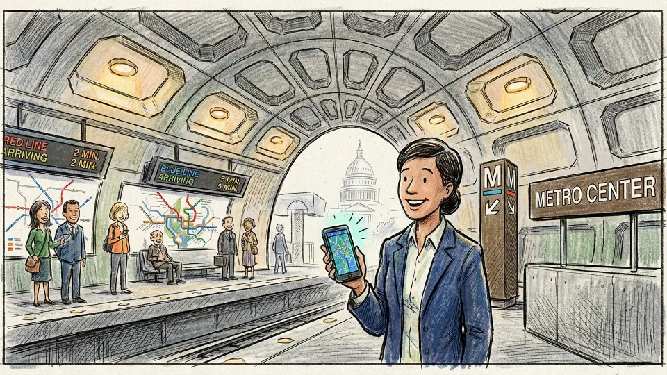 Metro rider checking smartphone for transit alerts at Washington DC subway station