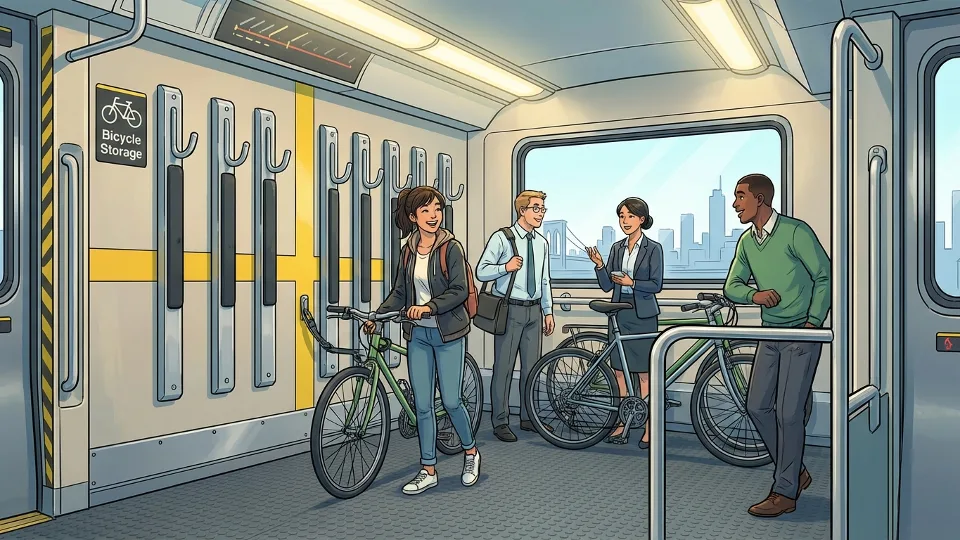 Bicycle storage area inside commuter rail train car with designated bike rack