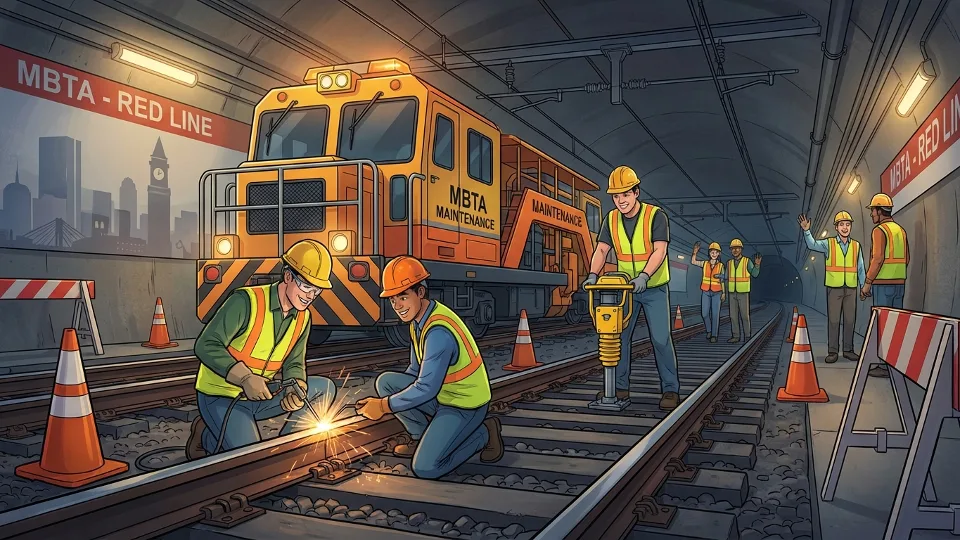 MBTA rail maintenance work on subway tracks showing infrastructure repair equipment and workers. Alt text: MBTA track maintenance and infrastructure repair work funded by state investment. Composition: Close-up of track work and repair equipment to illustrate capital improvement projects.