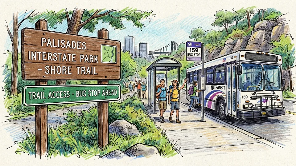 Trail entrance sign with public transit bus visible at nearby stop