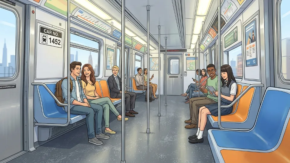 Interior of PATH train car showing seating area and car number placard. Alt text: PATH train interior with visible car identification number for passenger cleanliness reporting system. Composition: Interior view emphasizing car number location and general cleanliness standards.