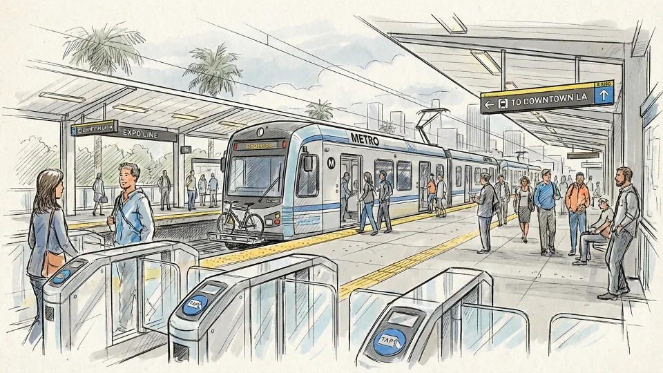 Metro Rail train at platform with passengers boarding and fare gates in foreground