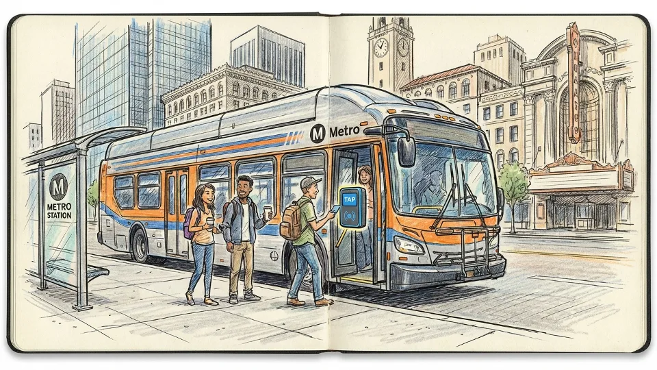 Los Angeles Metro bus at downtown station with TAP card reader visible on fare box