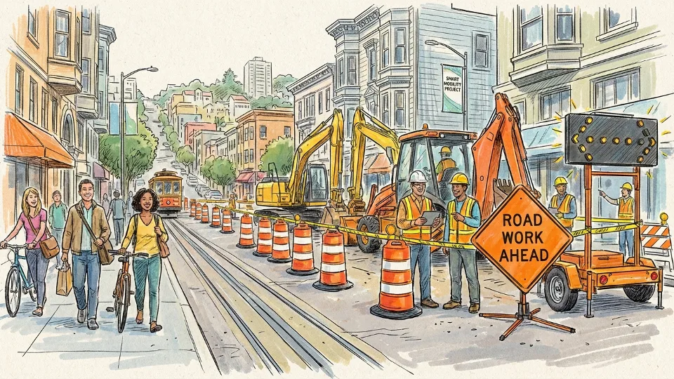 Construction work zone on San Francisco street showing safety improvement project with traffic cones and equipment
