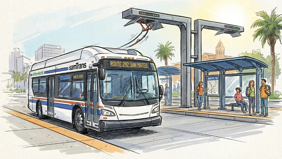 SamTrans battery-electric bus at San Mateo County transit stop with charging infrastructure visible in background