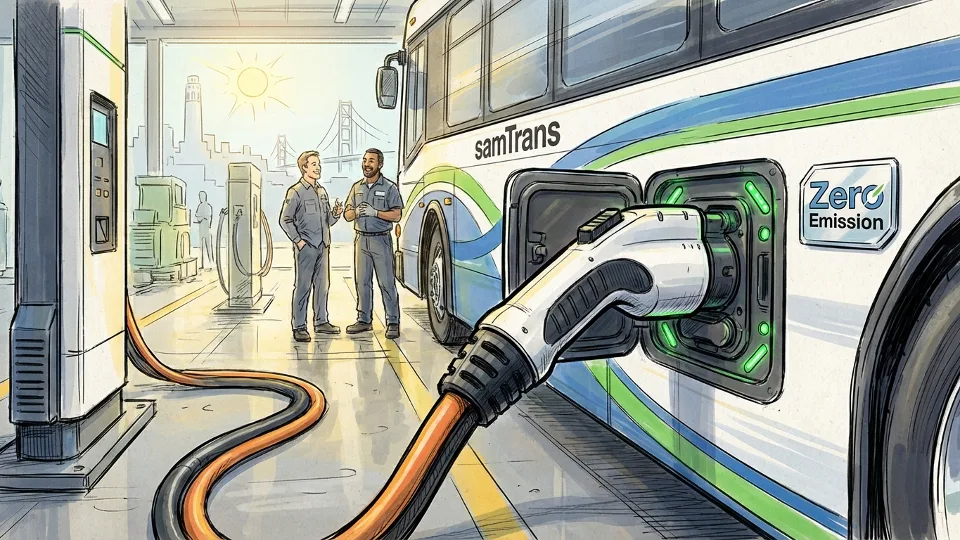 Close-up of electric bus charging port and connection at SamTrans maintenance facility