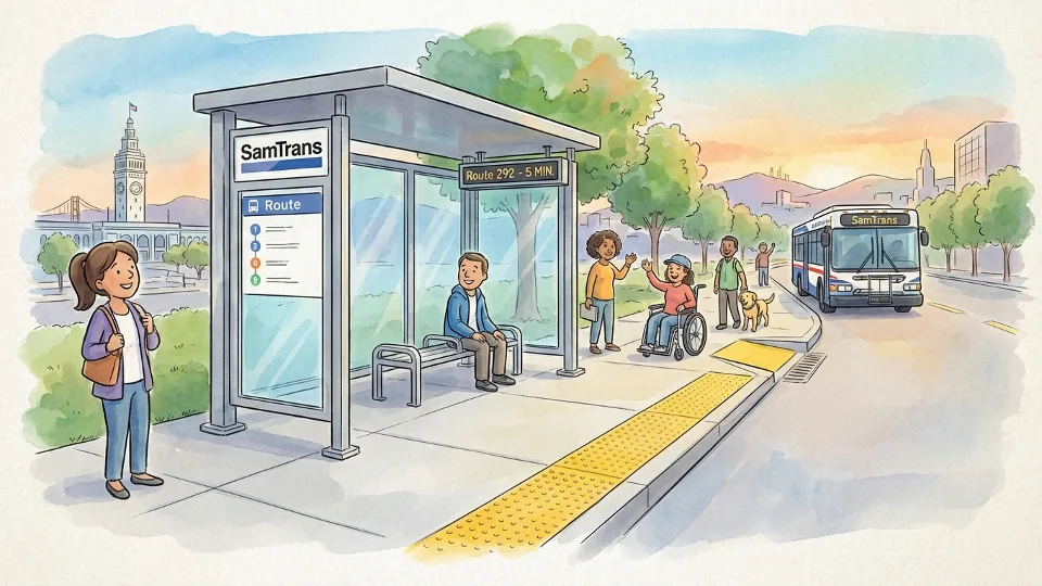 SamTrans bus stop with new accessibility features including tactile paving and updated shelter