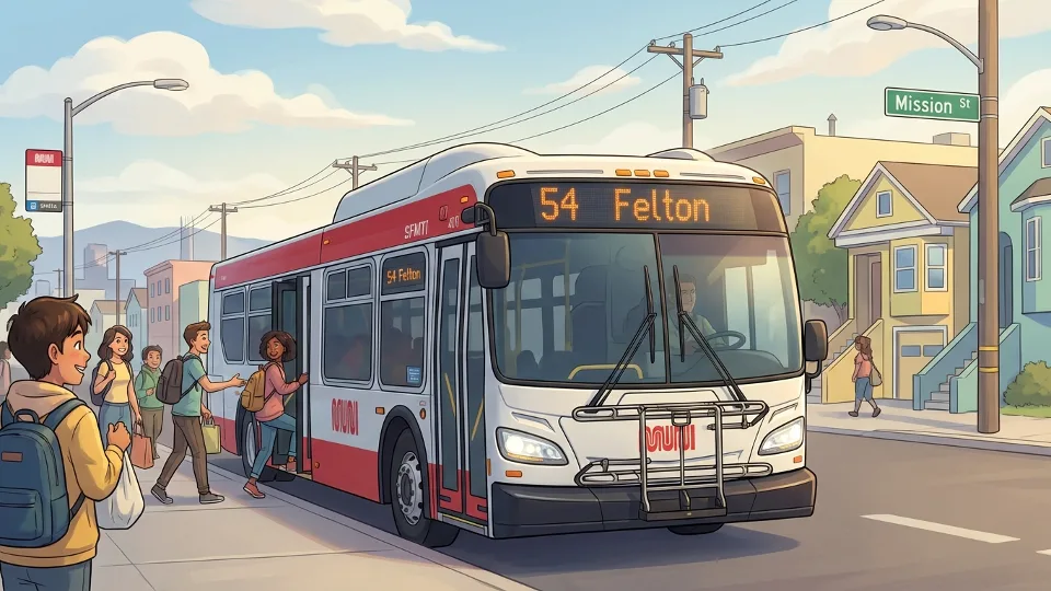 {"description": "SFMTA bus on 54 Felton route in San Francisco neighborhood", "alt_text": "San Francisco SFMTA Muni bus serving 54 Felton route in Excelsior district", "composition": "Side view of white and red SFMTA bus at neighborhood stop, showing route number and destination sign"}