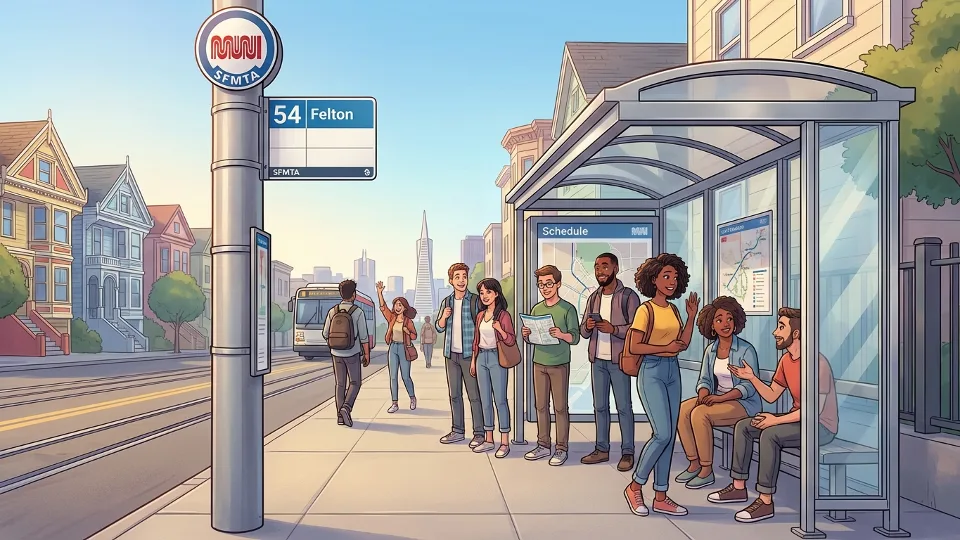 {"description": "SFMTA bus stop sign and shelter in San Francisco neighborhood", "alt_text": "San Francisco Muni bus stop with 54 Felton route information and passenger shelter", "composition": "Street-level view showing route sign, schedule information, and typical neighborhood bus stop infrastructure"}