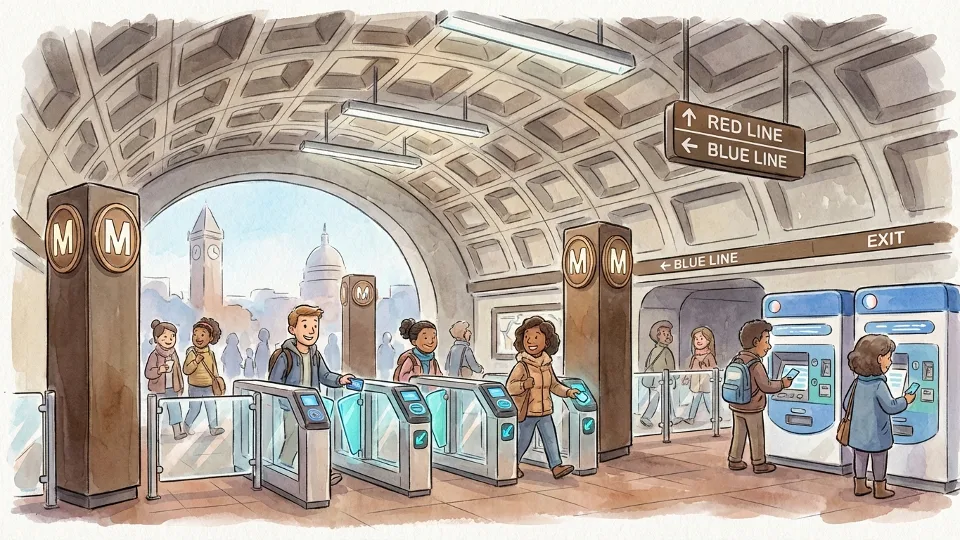 Metro fare gates and station entrance with WMATA signage