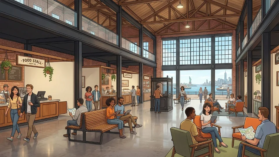Interior of renovated historic ferry terminal building with exposed beams and large windows overlooking waterfront