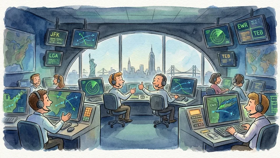 Air traffic control room with radar screens and equipment showing flight tracking systems