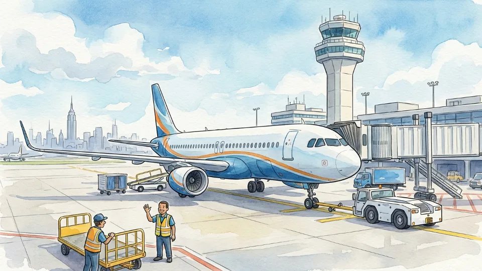 Commercial aircraft on tarmac at major US airport with control tower visible in background during daytime operations