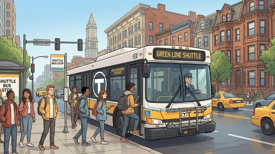 MBTA shuttle bus at downtown Boston stop with Green Line service suspension signage. Alt text: MBTA shuttle bus providing replacement service during Green Line suspension in Boston. Composition: Front three-quarter view of bus with clear signage visible, urban street setting.