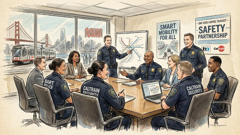 Transit security personnel and law enforcement officers in conference setting discussing public safety