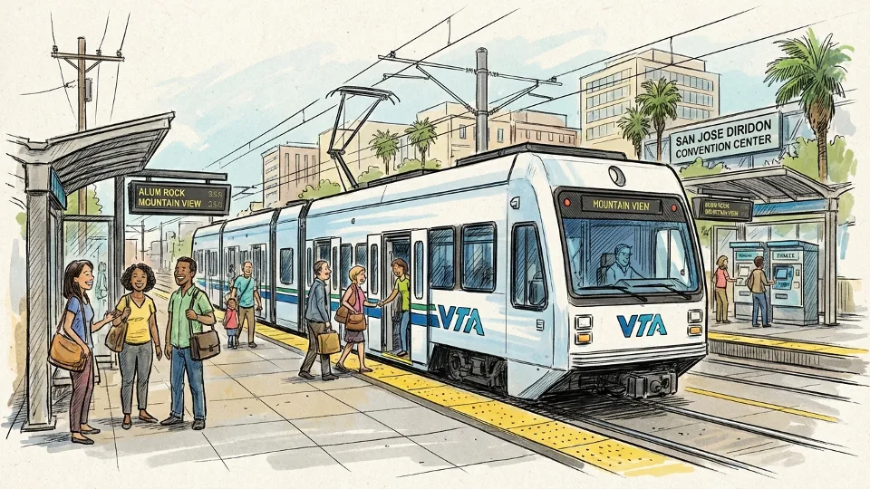 VTA light rail train at downtown San Jose station with passengers boarding