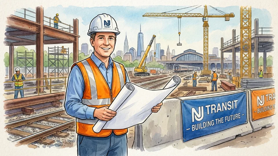 NJ Transit executive at infrastructure project site wearing hard hat and safety vest, reviewing construction plans