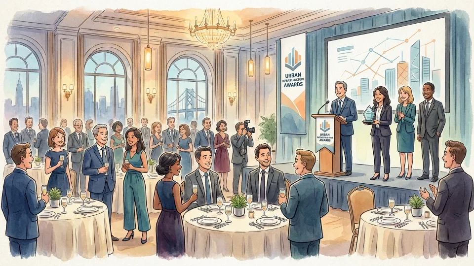 Award ceremony at formal venue with infrastructure industry professionals gathered for recognition event