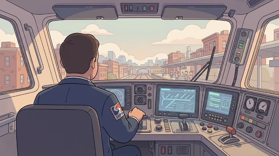 SEPTA train operator in cab with updated safety equipment and monitoring systems. Alt text: SEPTA operator safety training federal requirements Philadelphia transit. Composition: View from behind operator showing control panel and safety monitoring equipment, emphasizing enhanced oversight systems.