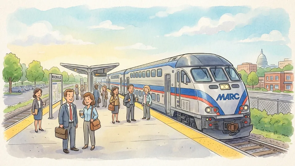 MARC commuter train stopped at suburban station platform with passengers waiting