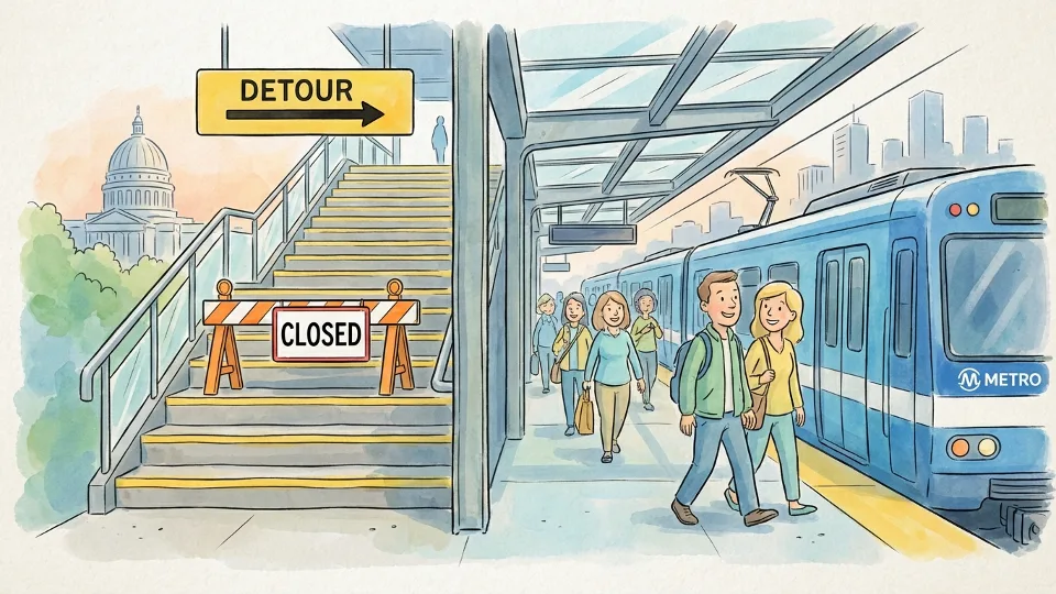 Station stairway with closed signage and detour directional signs at commuter rail platform