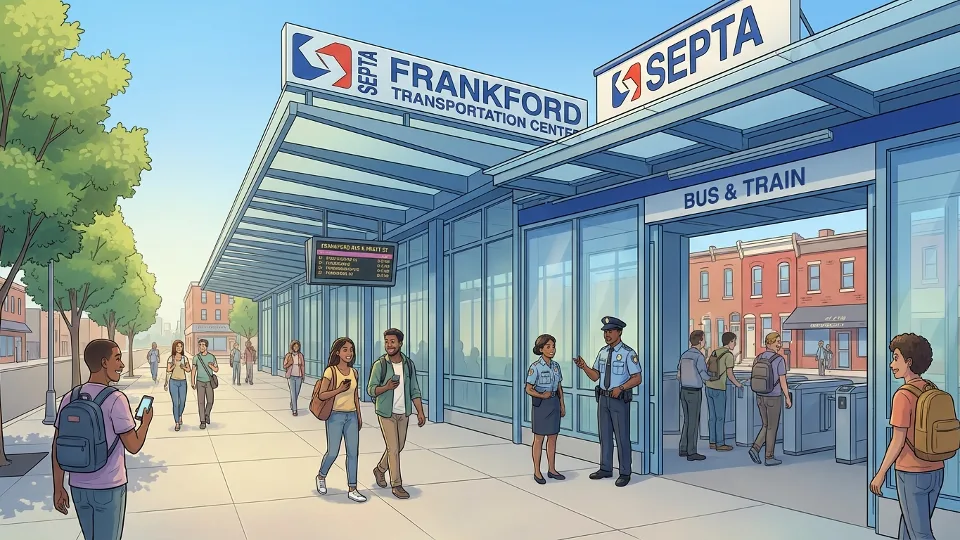 Frankford Transportation Center exterior showing main entrance and SEPTA signage with security presence
