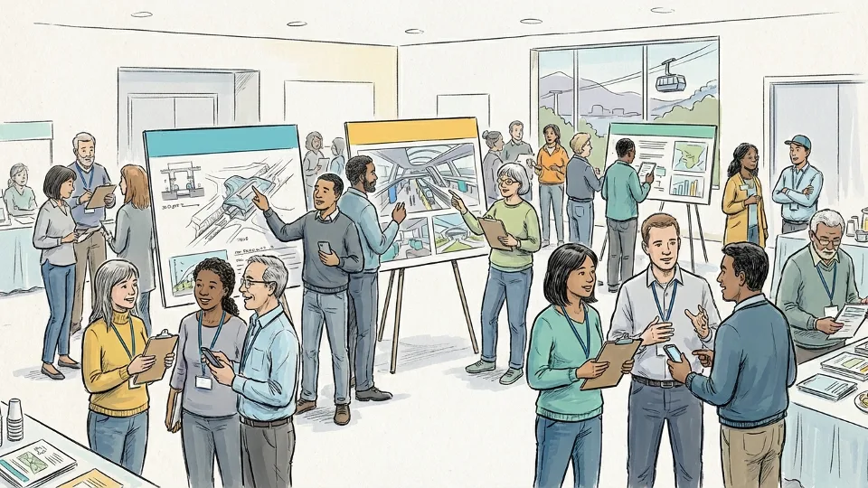 Community members reviewing transit station design plans at public meeting, people gathered around display boards with architectural drawings, indoor community engagement event setting