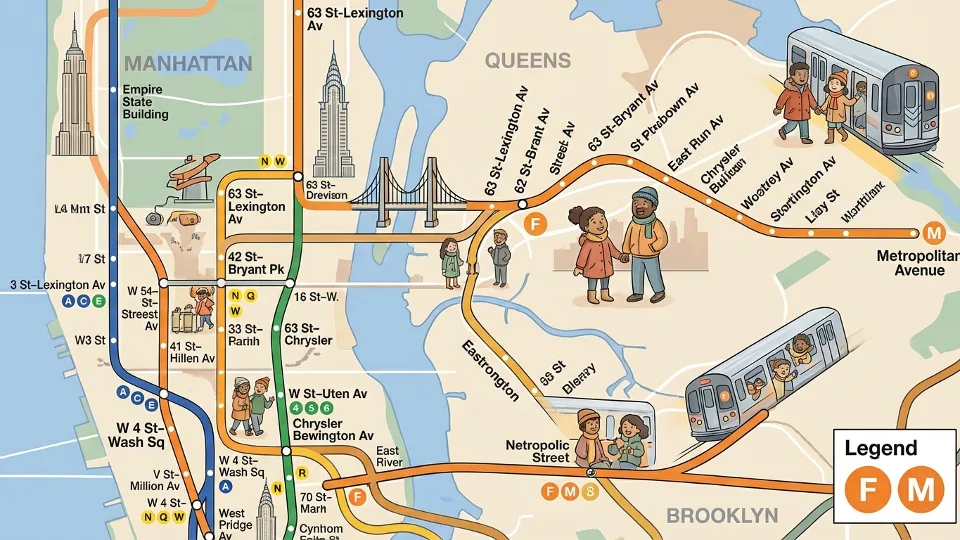 NYC subway route map showing F and M train lines through Manhattan and Queens with station connections