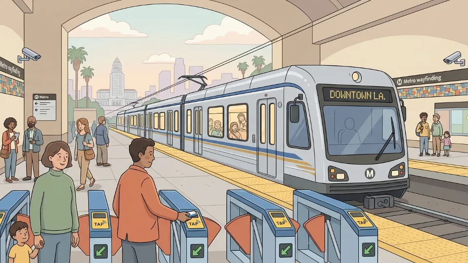 Metro rail train at station platform with fare gates visible in foreground