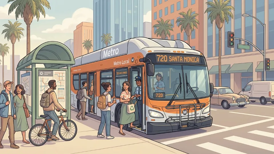 Metro bus at downtown Los Angeles stop with passengers boarding during daytime