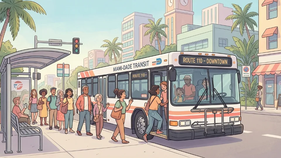 Miami-Dade Transit bus at urban stop with passengers boarding