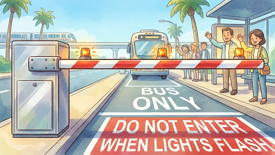 Close-up view of gate arm traffic control device at TransitWay intersection with warning lights and signage