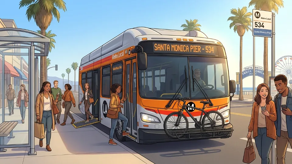 {"description": "Metro bus at Santa Monica stop near pier area", "alt_text": "LA Metro bus serving Santa Monica area for weekend fall events and celebrations", "composition": "Street-level view of Metro bus at stop with Santa Monica destination signage visible, showing transit connection to coastal events"}