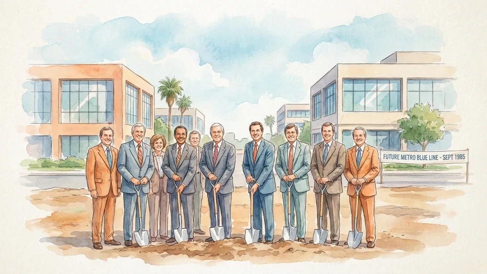 Historic photo of the September 1985 groundbreaking ceremony in Long Beach with officials holding shovels at the future Blue Line construction site, with 1980s-era buildings visible in background